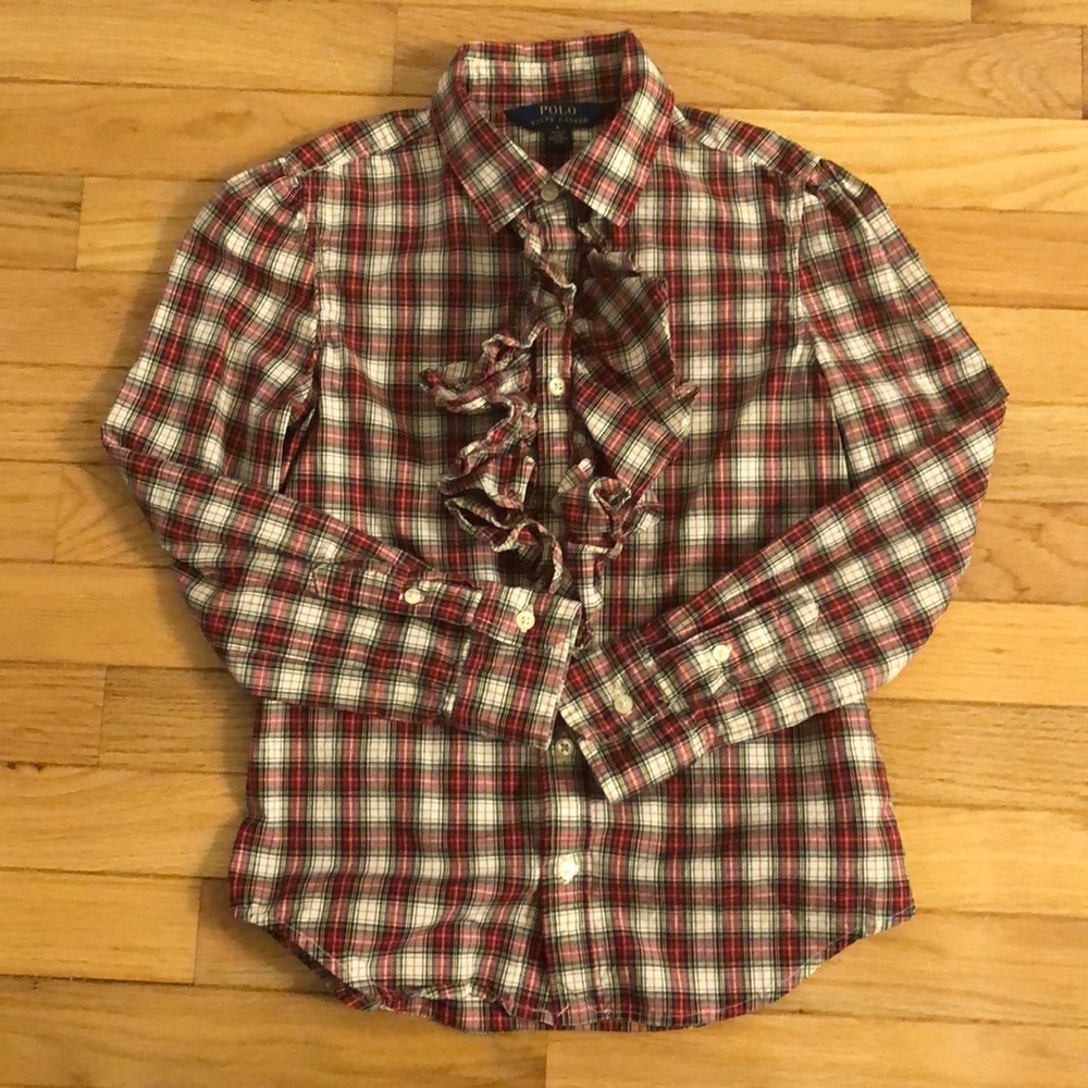 Girls Polo plaid ruffle button down